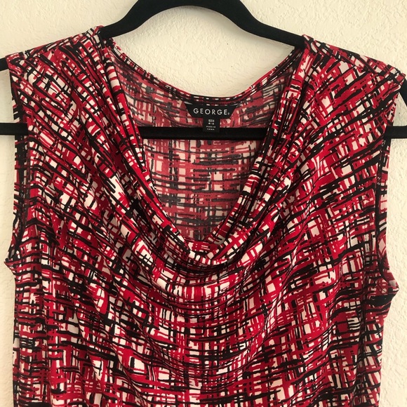 George Red Black and White Abstract Plaid Drape Neck Ruched Dress - Picture 2 of 7